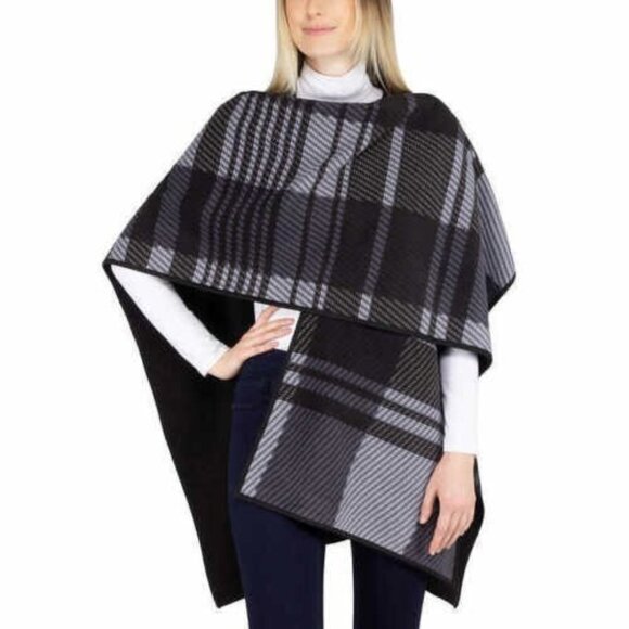 Ike Behar Blanket Poncho Black Shawl Reversible Wrap Fleece Women One Size Cozy - Picture 8 of 16